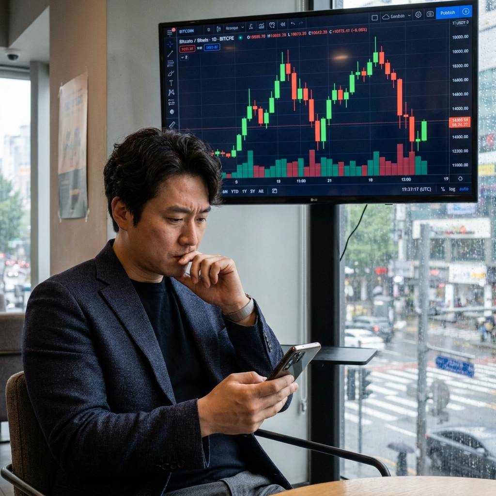 상승과 하락이 교차하는 비트코인 차트를 배경으로 스마트폰을 보며 고민하는 30대 투자자의 모습