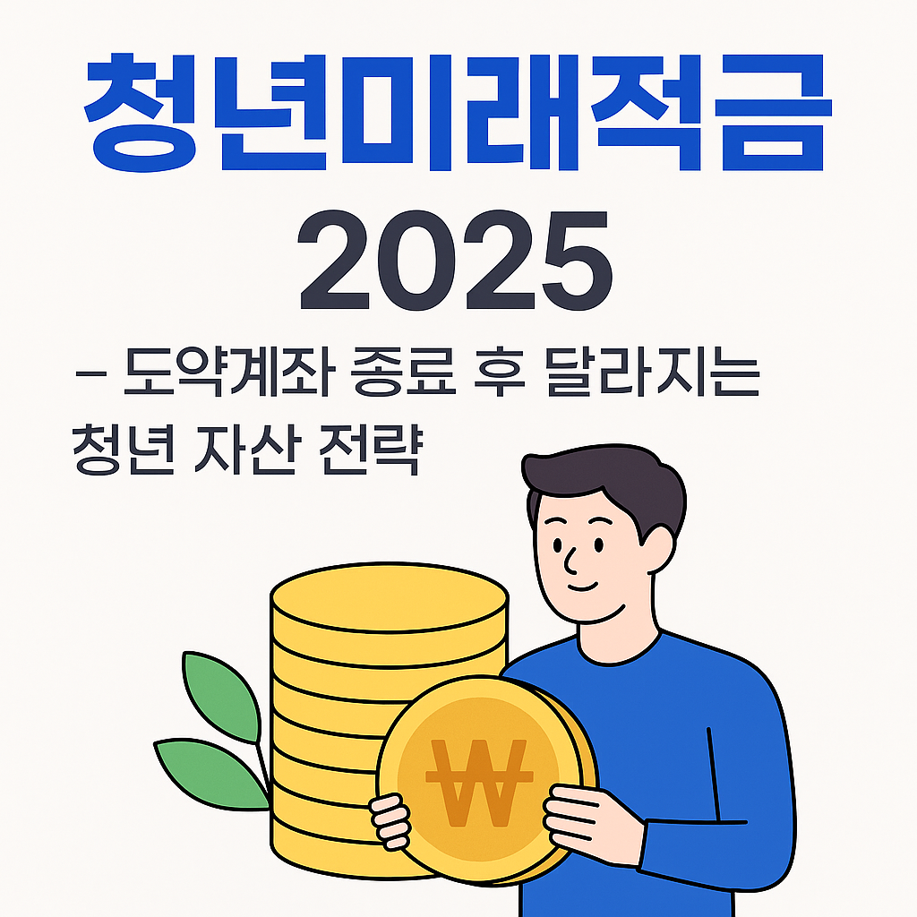청년미래적금 2025 – 도약계좌 종료 후 달라지는 청년 자산 전략을 안내하는 디지털 썸네일 이미지. 파란색 글씨 제목과 청년이 동전을 들고 있는 일러스트가 포함됨