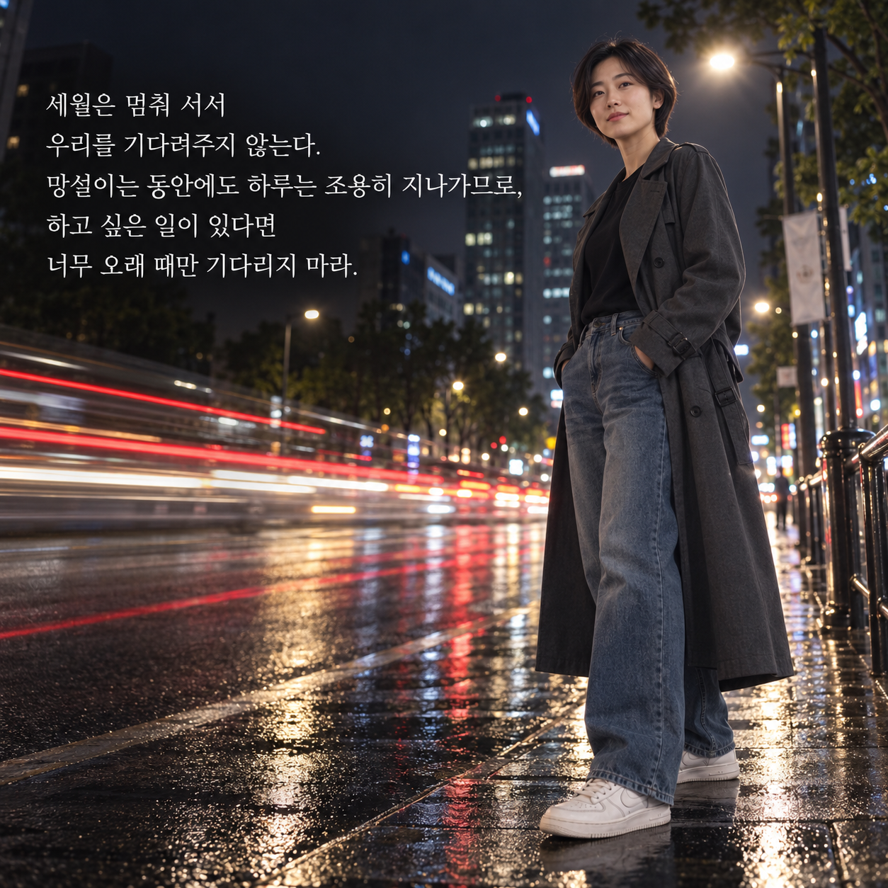 세월은 멈춰 서서 우리를 기다려주지 않는다. 망설이는 동안에도 하루는 조용히 지나가므로, 하고 싶은 일이 있다면 너무 오래 때만 기다리지 마라.