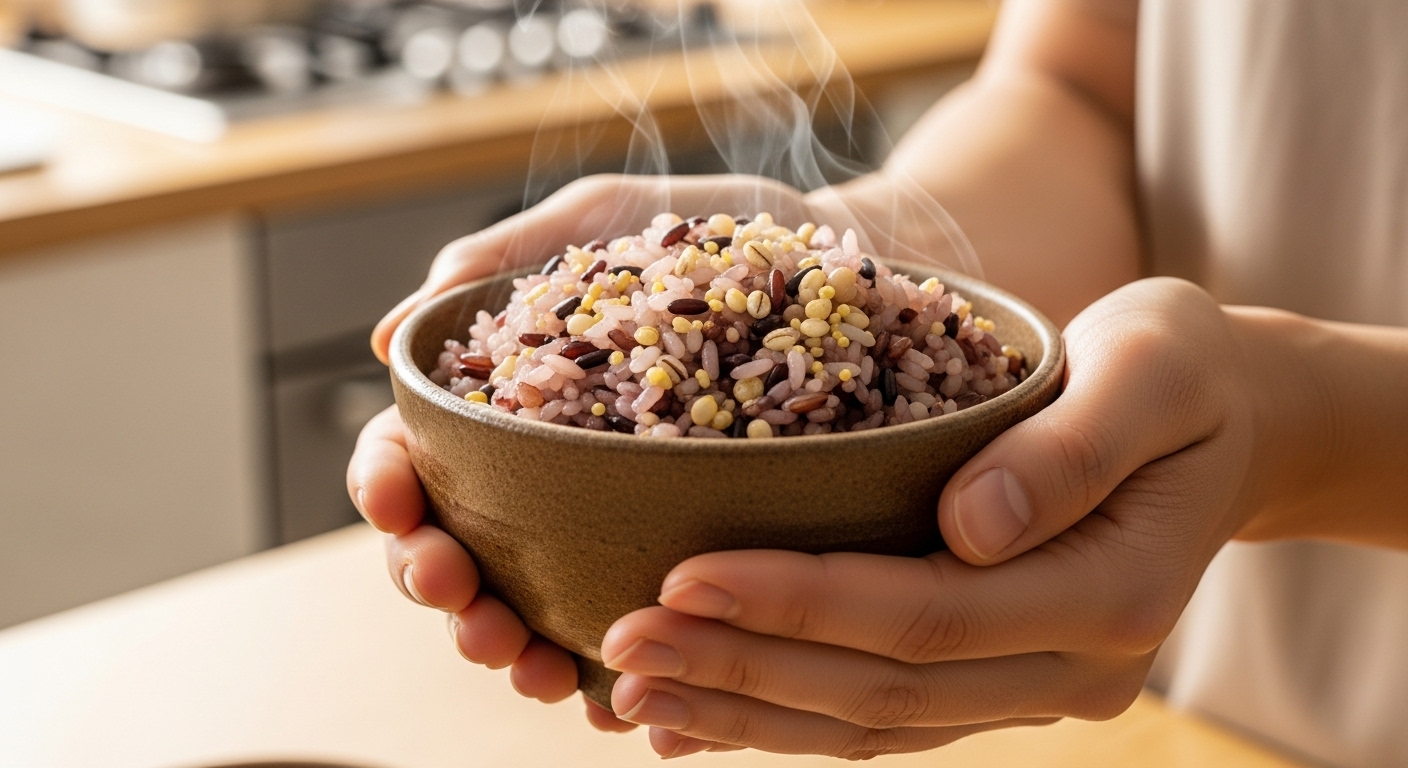혈당 관리에 도움이 되는 따뜻한 잡곡밥 한 그릇을 두 손으로 들고 있는 모습.
