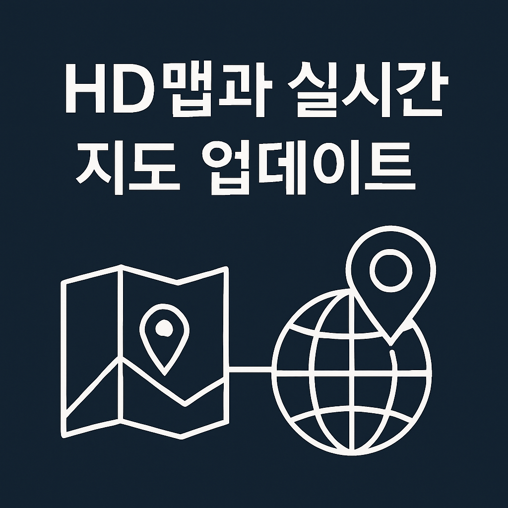 "HD맵과 실시간 지도 업데이트"라는 문구와 함께 지도 아이콘과 지구 아이콘이 연결된 심플한 디자인의 블로그용 일러스트 이미지. 네이비 배경에 흰색 선으로 구성된 고해상도 지도 기술을 상징하는 그래픽