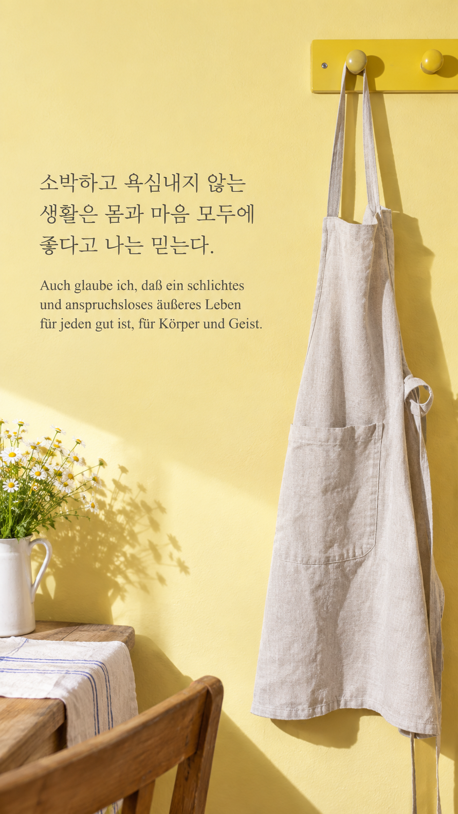 독일어 명언 4 아인슈타인 소박하고 욕심내지 않는 생활은 몸과 마음 모두에 좋다고 나는 믿는다. — 노란 벽 고리에 걸린 리넨 앞치마