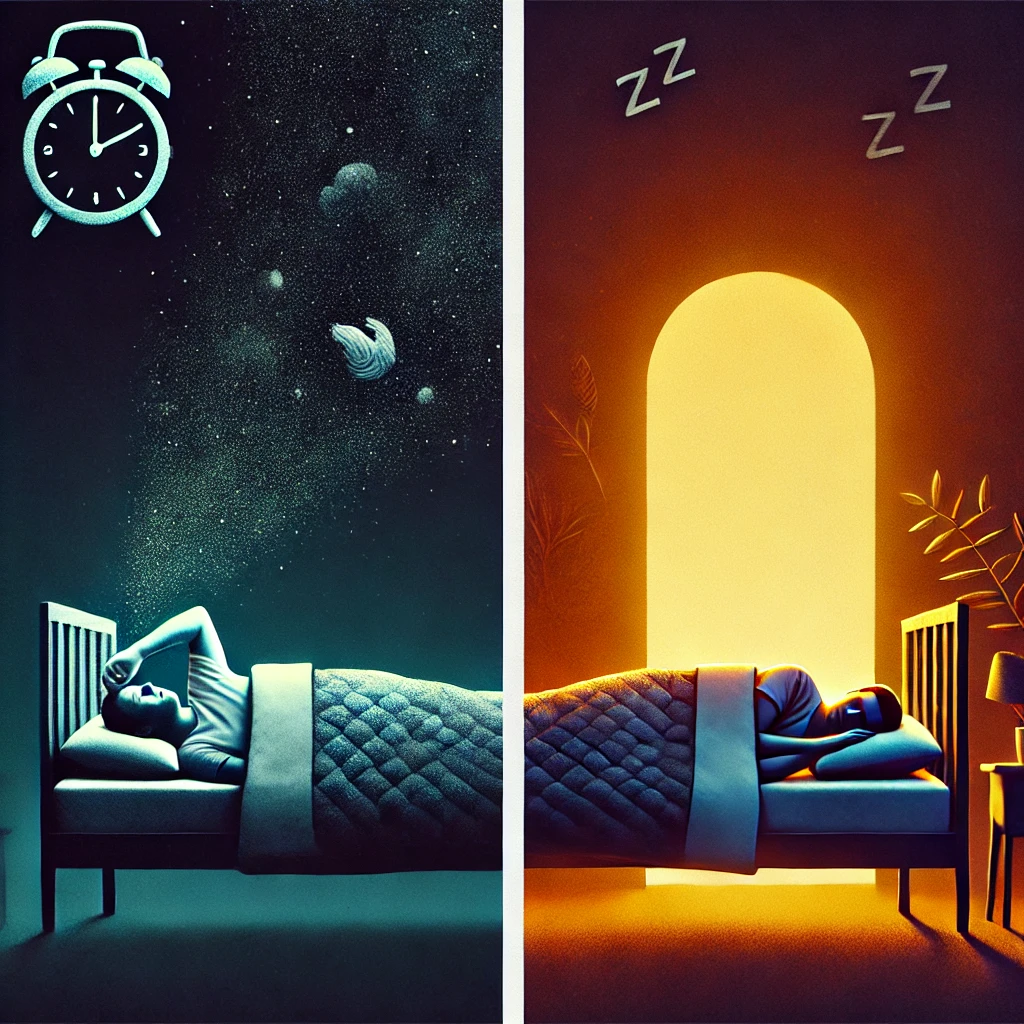 밤에 뒤척이는 사람과 따뜻한 조명 아래 편안히 잠든 사람의 대비 이미지