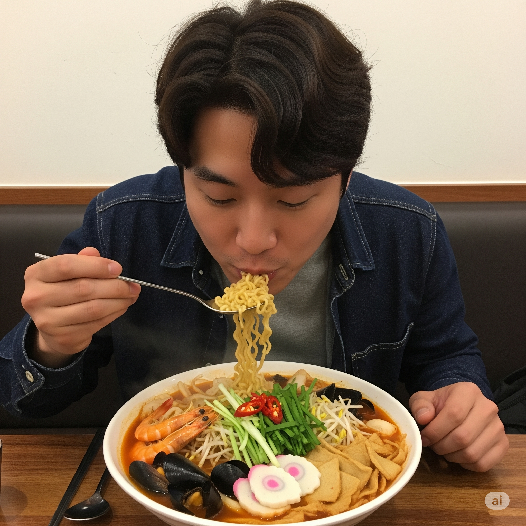 한국인 남성이 해산물과 채소를 넣어 만든 라면을 맛있게 먹는 모습