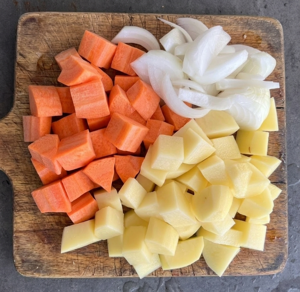 닭볶음탕 레시피를 위해 나무 도마 위에 한입 크기로 썰어둔 감자, 당근, 양파 식재료.