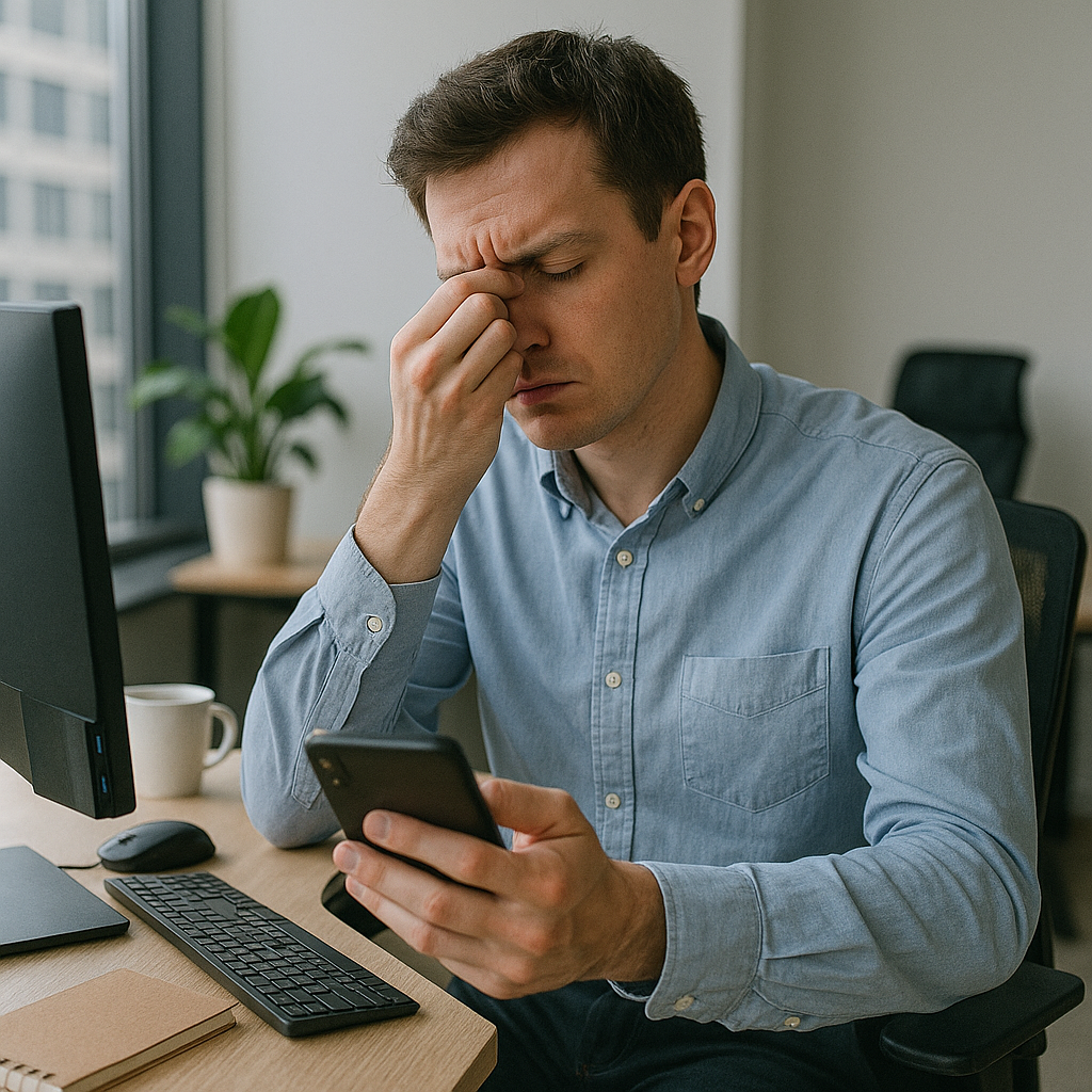 눈이 피곤한 핸드폰 중독 직장인