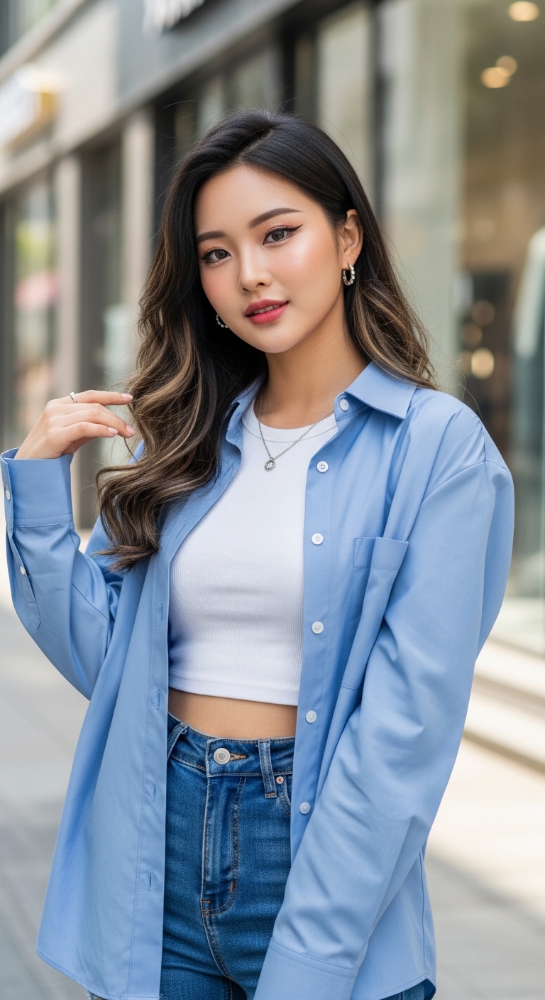 크롭탑 위에 오버사이즈 셔츠를 레이어드하여 연출한 스타일링