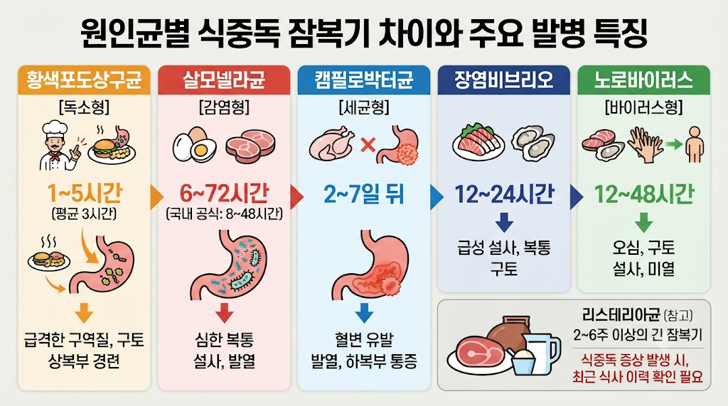 원인균별 식중독 잠복기 차이와 주요 발병 특징