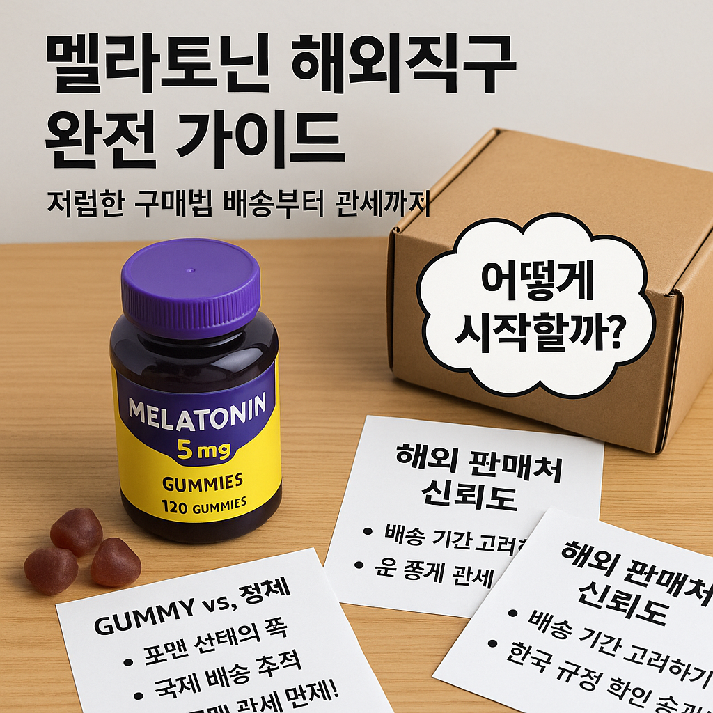 멜라토닌 구미 영양제가 책상 위에 놓여 있으며, 제품 정보 라벨과 영양 성분 표시가 선명하게 보이는 실사 스타일 구성.