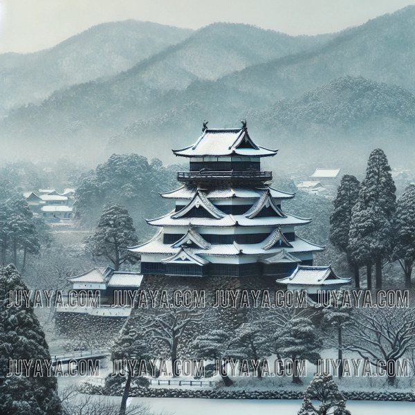 일본 나가사키의 시마바라 성 겨울 풍경. 전통 일본식 성이 가벼운 눈으로 덮인 배경 속에서 뚜렷하게 보이며, 근처 나무들은 부분적으로 눈에 덮여 조용하고 고요한 분위기를 연출한다.