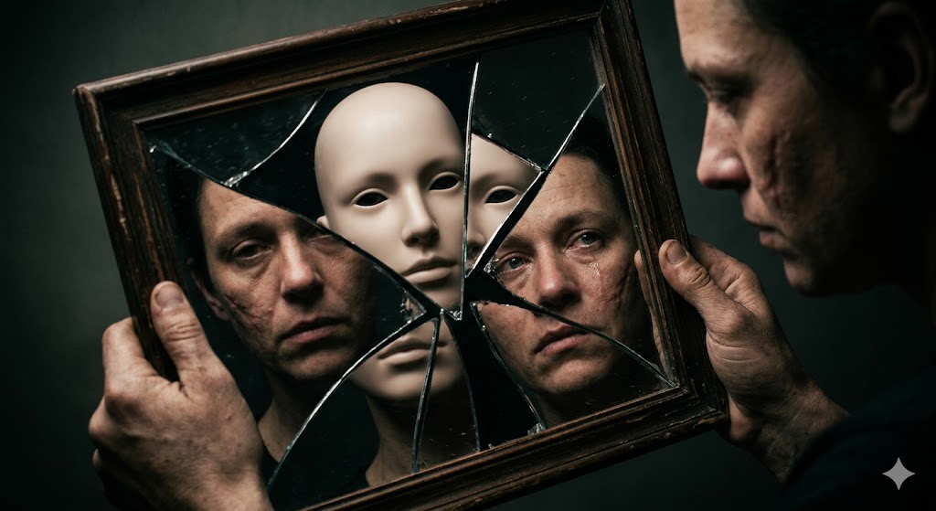 깨진 거울 조각 속에 비친 주인공의 원래 얼굴과 가짜 얼굴이 교차하는 장면
