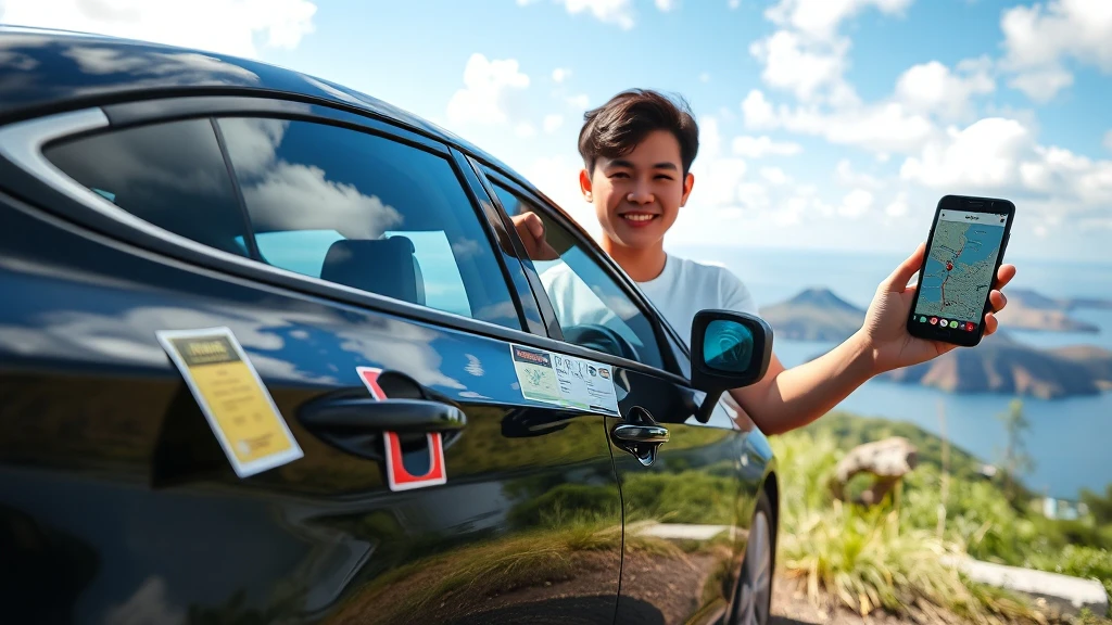 자동차 앞에서 스마트폰으로 네비게이션을 보고있다