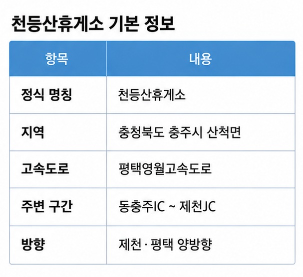 천등산휴게소의 충주시 산척면 위치와 동충주IC 제천JC 사이 양방향 휴게소 정보를 표로 정리한 이미지