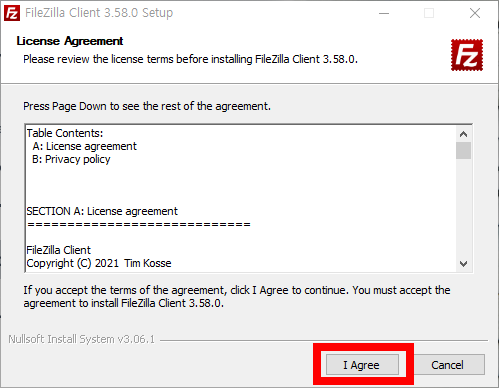 파일질라 설치 창 I Agree