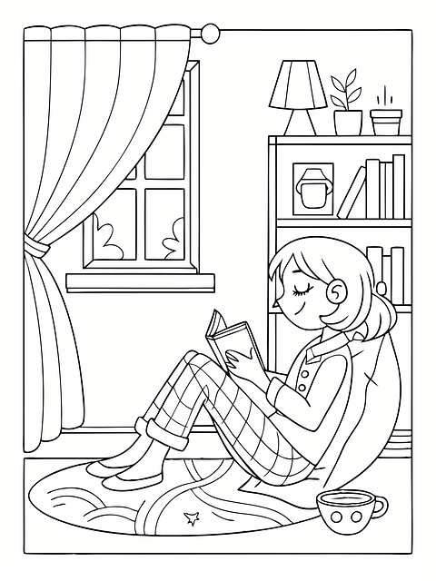 젊은 여성이 편안하게 책을 읽고 있는 흑백 이미지