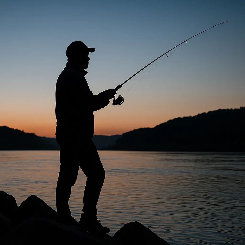 해질녘 바위 위에서 낚시하는 낚시인의 실루엣