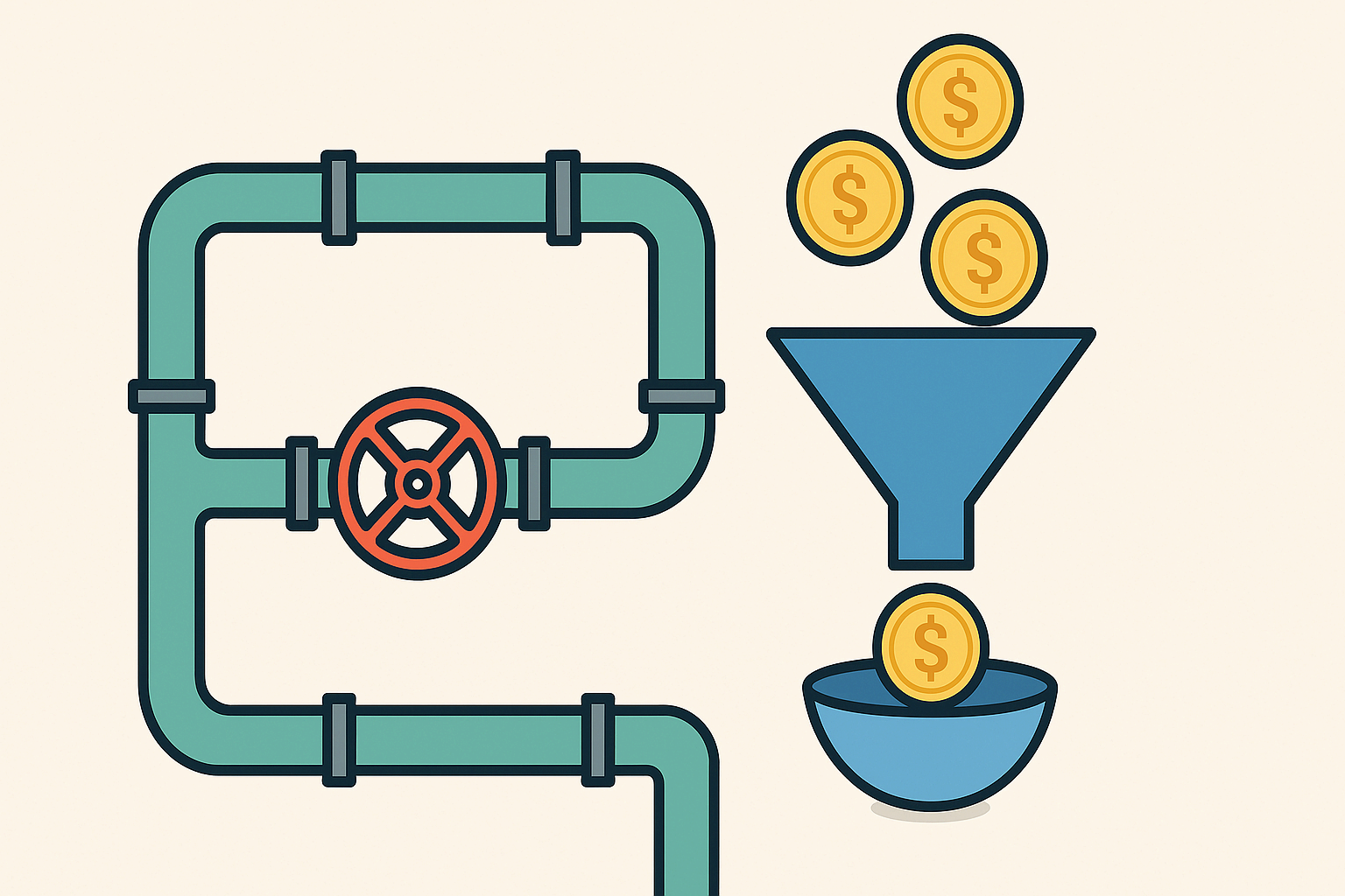 파이프라인을 구축하라를 상징하는 파이프와 코인 아이콘