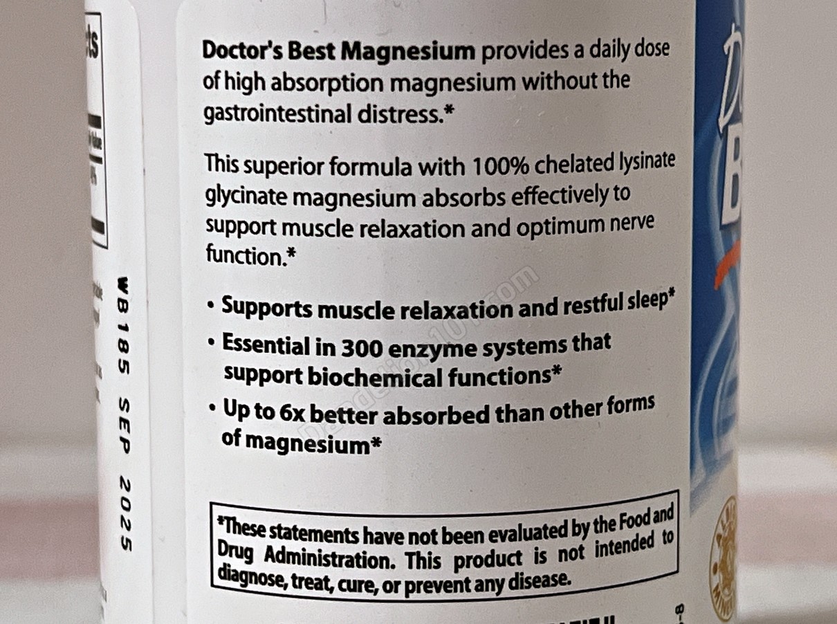 닥터스 베스트, 고흡수 마그네슘, 라이시네이트 글리시네이트 100% 킬레이트화 100mg, 120정 ( Doctor's Best, High Absorption Magnesium, Lysinate Glycinate 100% Chelated 100 mg, 120 Tablets) 상세 설명