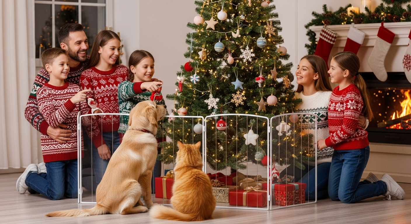 크리스마스트리 주변에 세련된 투명펜스가 설치되어있고,그 안의 트리를 안전하게 지켜보는 강아지와 고양이의 모습.반려동물과 트리가 안전하게 공존하는 따뜻한 분위기입니다.
