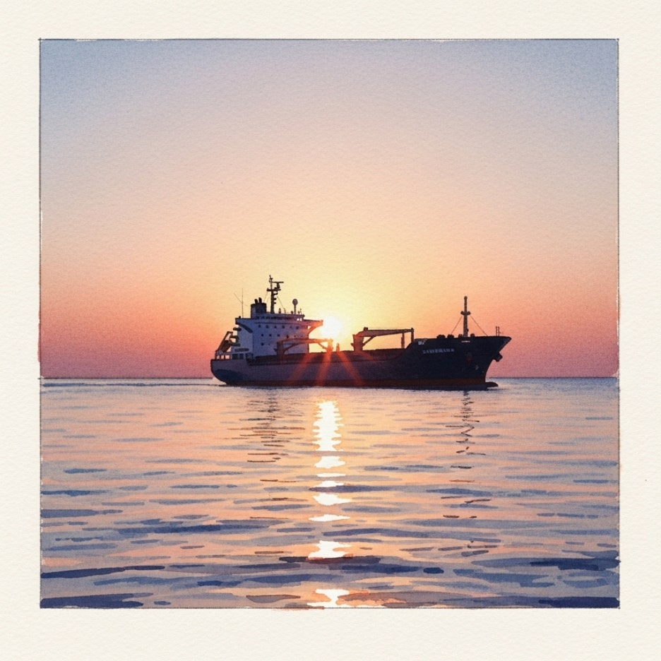 황금빛 바다 위를 항해하는 거대한 선박의 모습