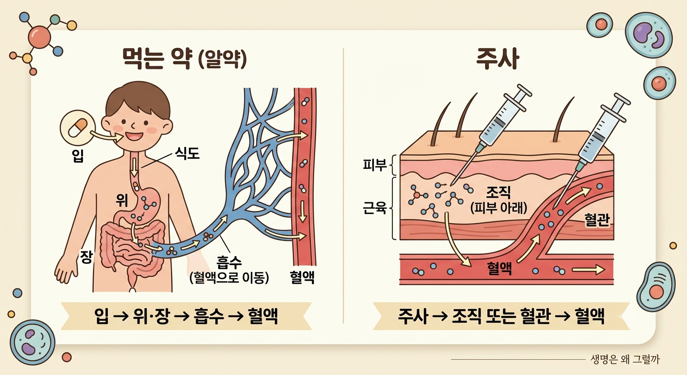 먹는 약과 주사는 몸에 들어가는 경로가 다릅니다.