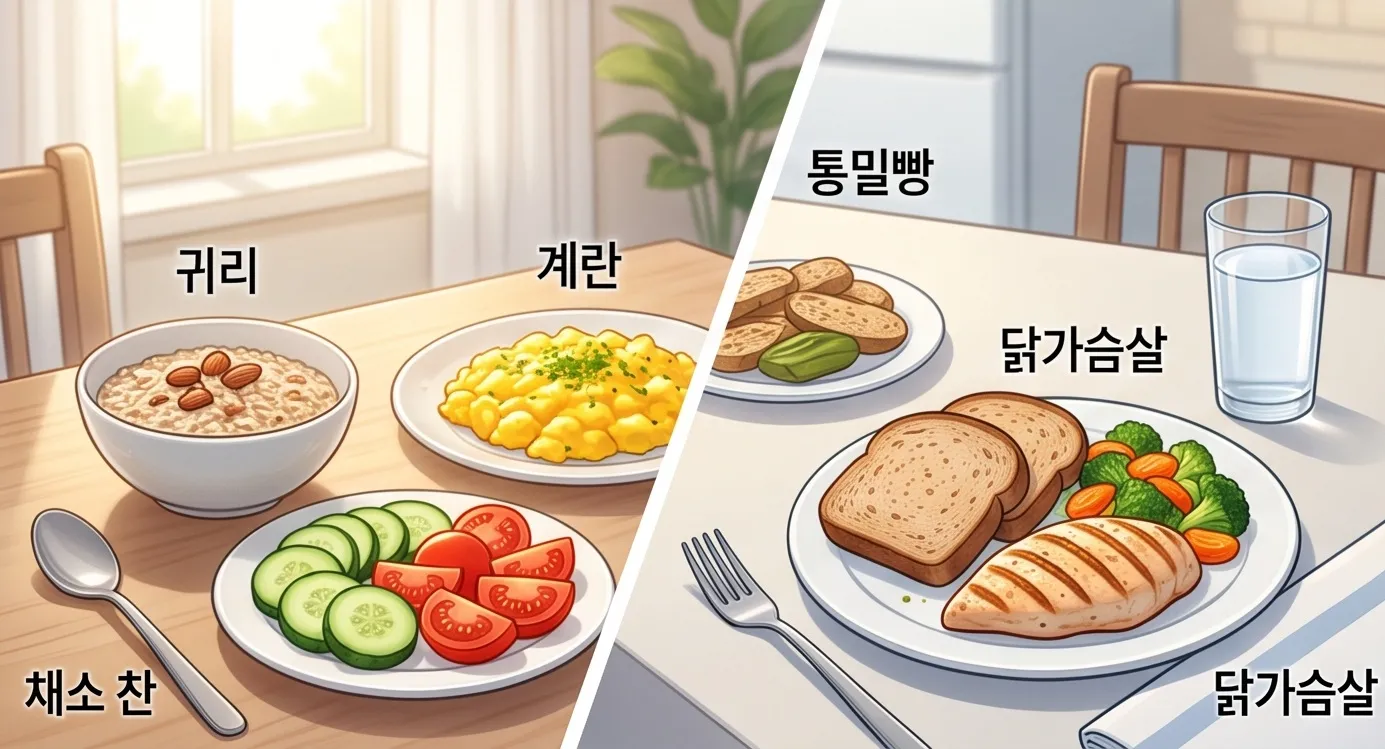 귀리, 계란, 채소, 통밀빵, 닭가슴살로 구성된 비알콜성 지방간 추천 식단