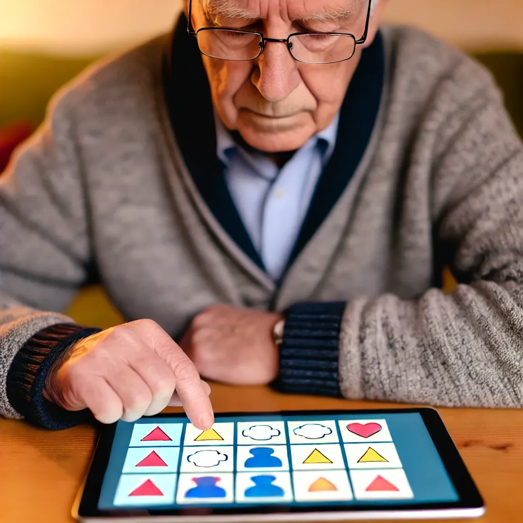 치매 예방을 위해 태블릿에서 매칭 게임을 하는 노인 남성&amp;#44; 편안한 거실에서 집중하여 색상과 모양을 맞추는 모습.
