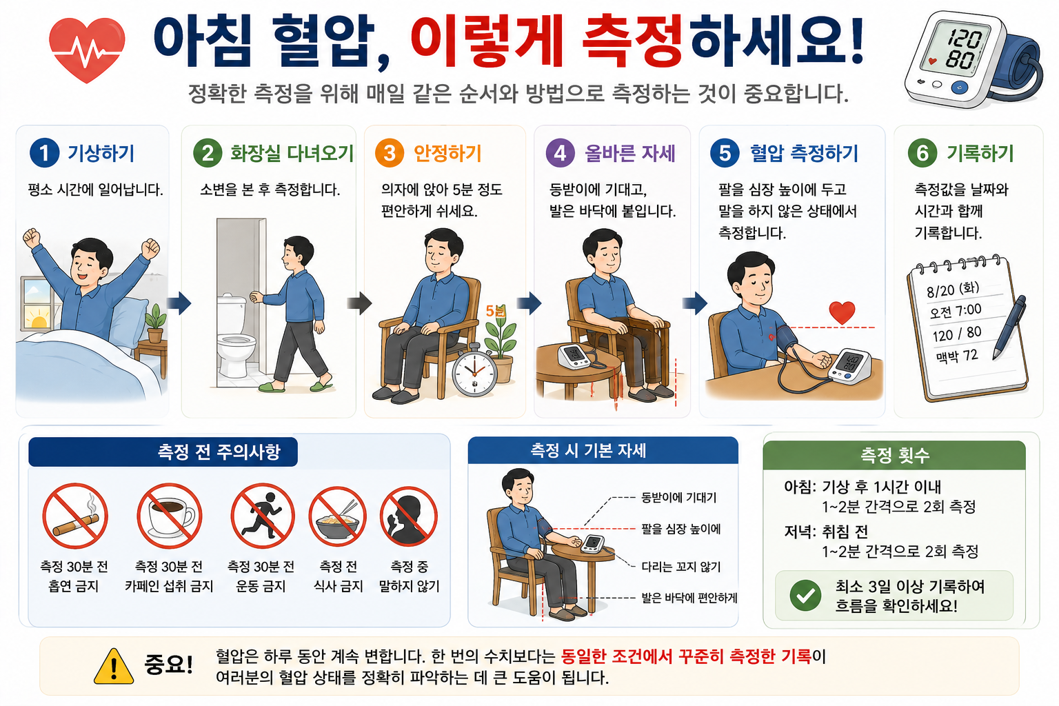 기상 뒤 화장실과 안정, 자세, 혈압 측정 및 기록 순서