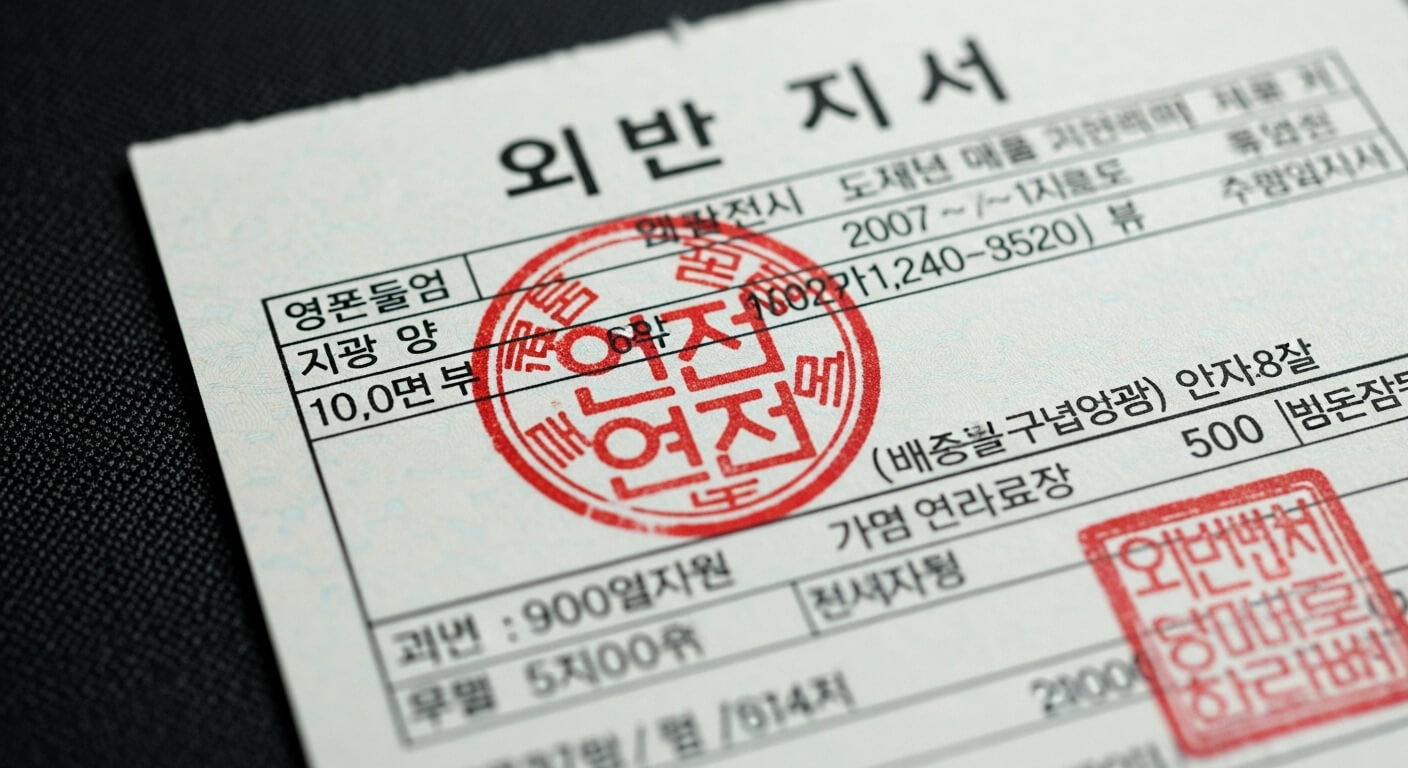 위반지서 클로즈업 이미지, 빨간 도장이 찍힌 서류