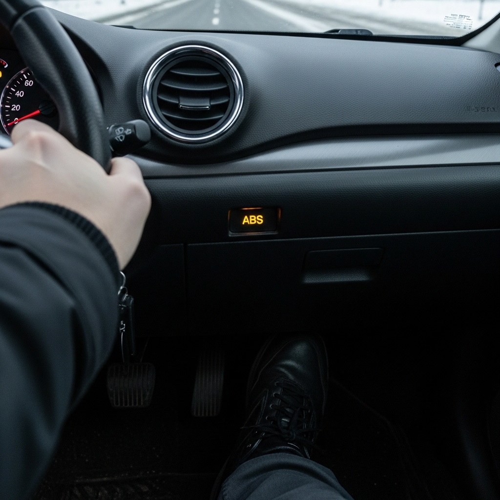 ABS 경고등이 켜진 자동차 대시보드와 브레이크 페달을 밟고 있는 운전자의 발. 블랙아이스 상황에서 ABS 작동을 보여줍니다.