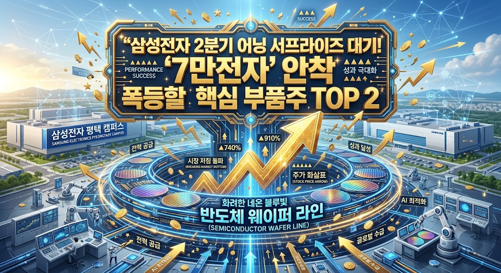 화려한 네온 블루빛의 반도체 웨이퍼 라인 위로 "삼성전자 2분기 어닝 서프라이즈 대기! '7만전자' 안착 동반 폭등할 핵심 부품주 TOP 2"라는 골드 텍스트 자막이 웅장하게 박혀 있고, 배경에는 삼성전자 평택 캠퍼스 전경과 우상향하는 강력한 장대양봉 주가 화살표가 결합된 3D 테크 그래픽 이미지.