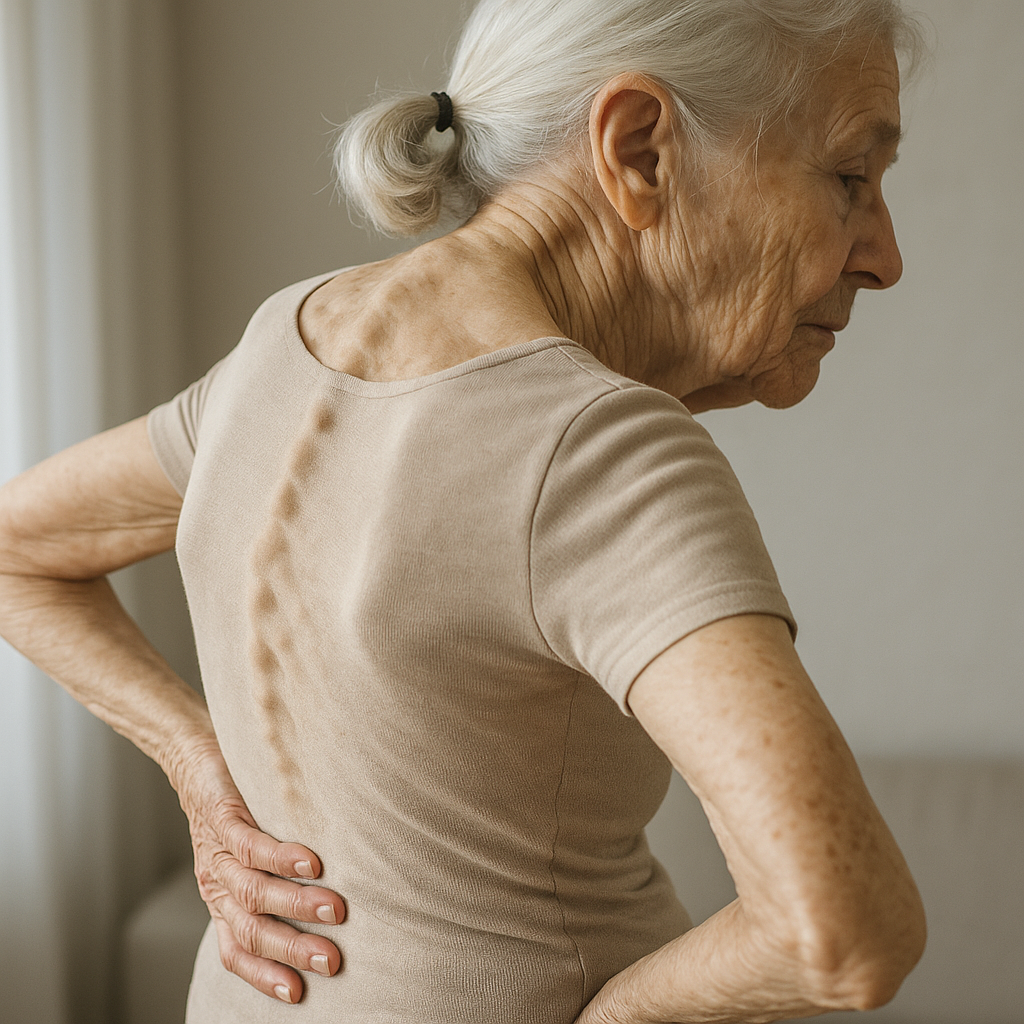 골다공증으로 등이 굽은 노년 여성의 뒷모습