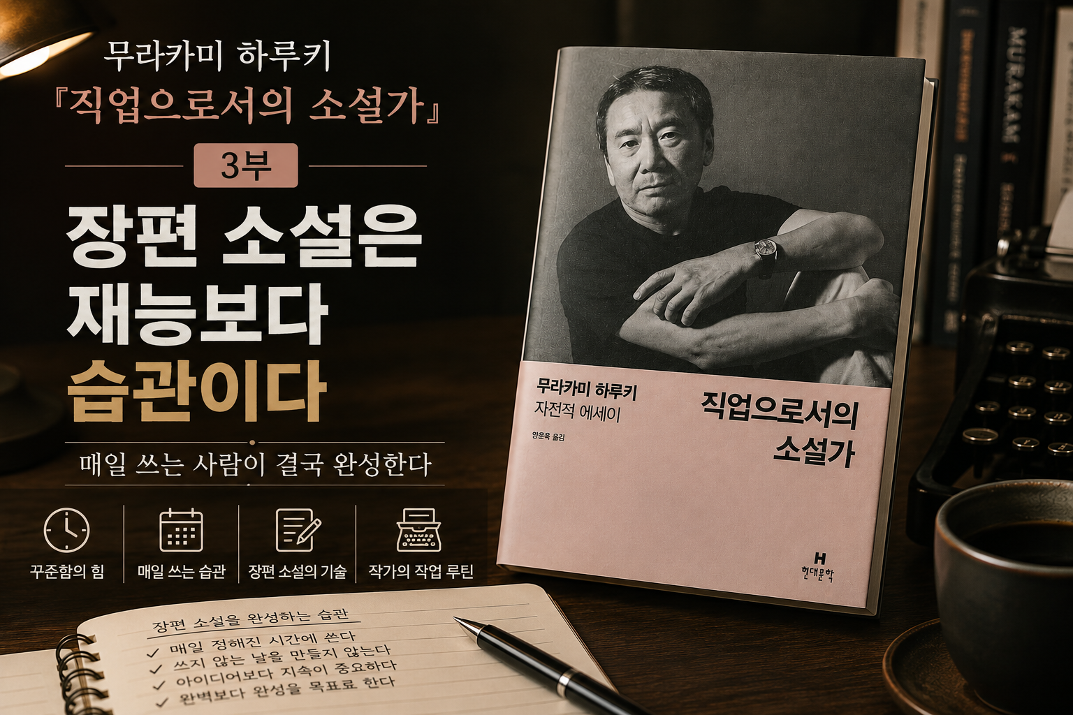 무라카미 하루키 『직업으로서의 소설가』 3부 썸네일. 장편소설은 재능보다 습관이라는 주제로 매일 쓰는 습관과 소설가의 창작 루틴을 소개하는 문학 리뷰 이미지.