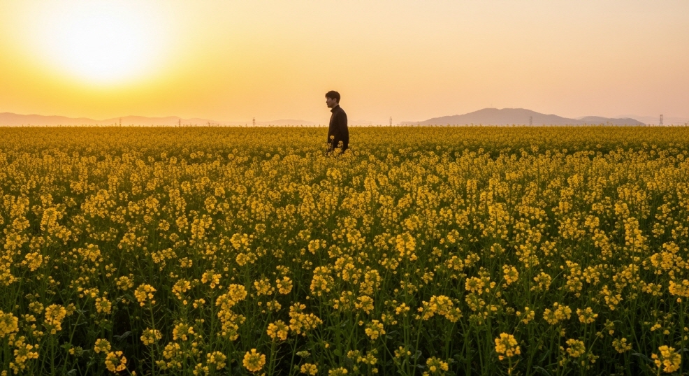 따뜻한 노을빛 아래 유채꽃밭 걷는 실루엣