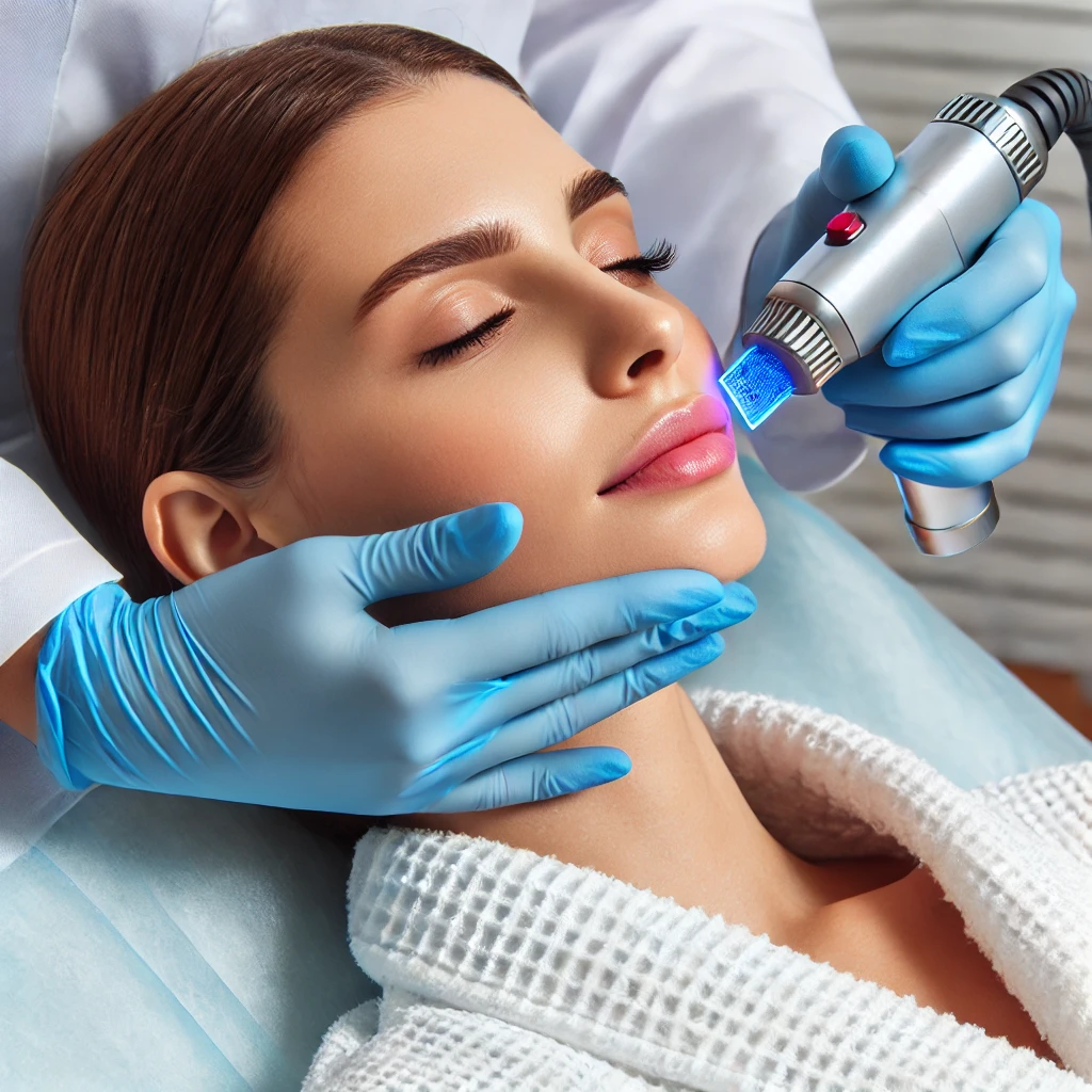 피부과에서 색소 침착 레이저 시술을 통해 피부 톤을 개선하고 어두운 잡티를 줄이는 시술 장면