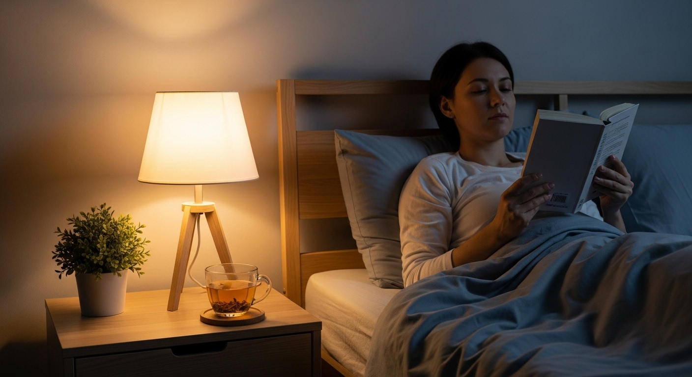 잠자리에 들기 전 침대에서 책을 읽으며 편안하게 휴식을 취하는 사람의 모습