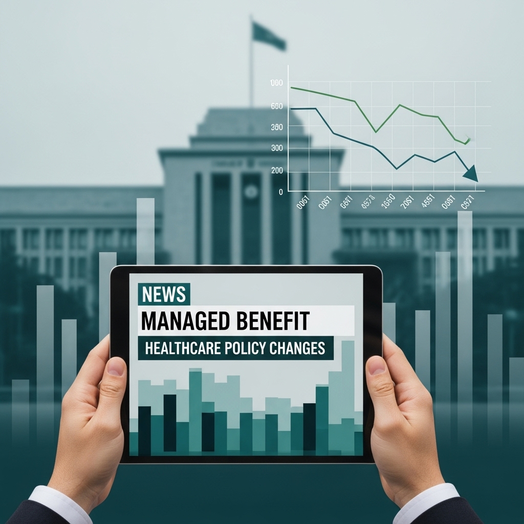 2025년 관리급여 선정 기준 논의 결과가 발표되는 모습. 손에 들린 태블릿 화면에 '관리급여' 관련 뉴스 헤드라인과 함께 의료비 그래프가 내려가는 이미지가 보인다. 배경에는 정부 청사 이미지가 흐릿하게 보인다.