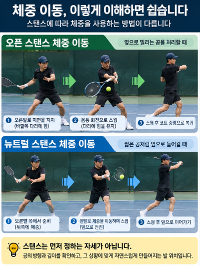 포핸드 오픈 스탠스 vs 뉴트럴 스탠스, 상황별 다리 위치와 체중 이동은 어떻게 다를까?