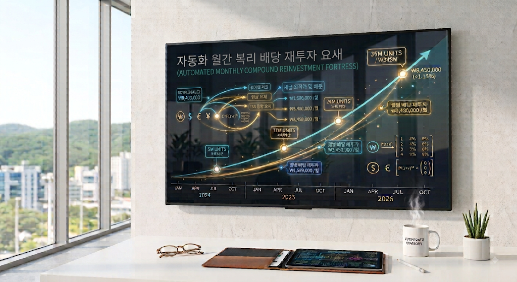 세련된 모던 오피스 데스크 위에 놓인 태블릿 PC 화면에 선명하게 찍힌 TIGER 미배당타겟2호 + 미나스닥타겟데일리 5대 5 듀얼 바벨의 10년 복리 재투자 및 자산 스노우볼 시뮬레이션