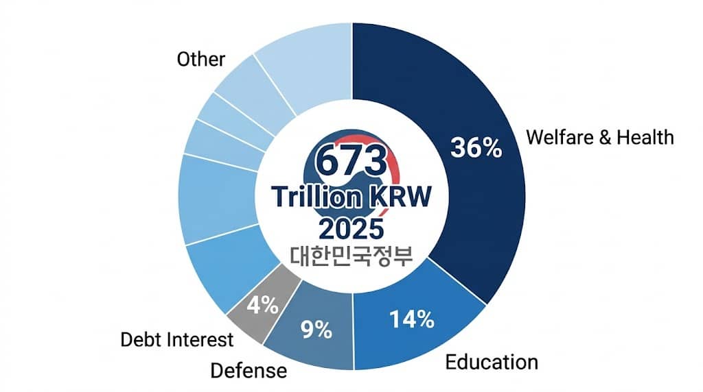 파일명: korea_national_budget_spending_structure_welfare_education_defense_2025_pie_chart.jpg Alt 태그: 내가 낸 세금은 어디로 가는가 &mdash; 국가 예산 673조의 구조와 내 생활의 연결고리