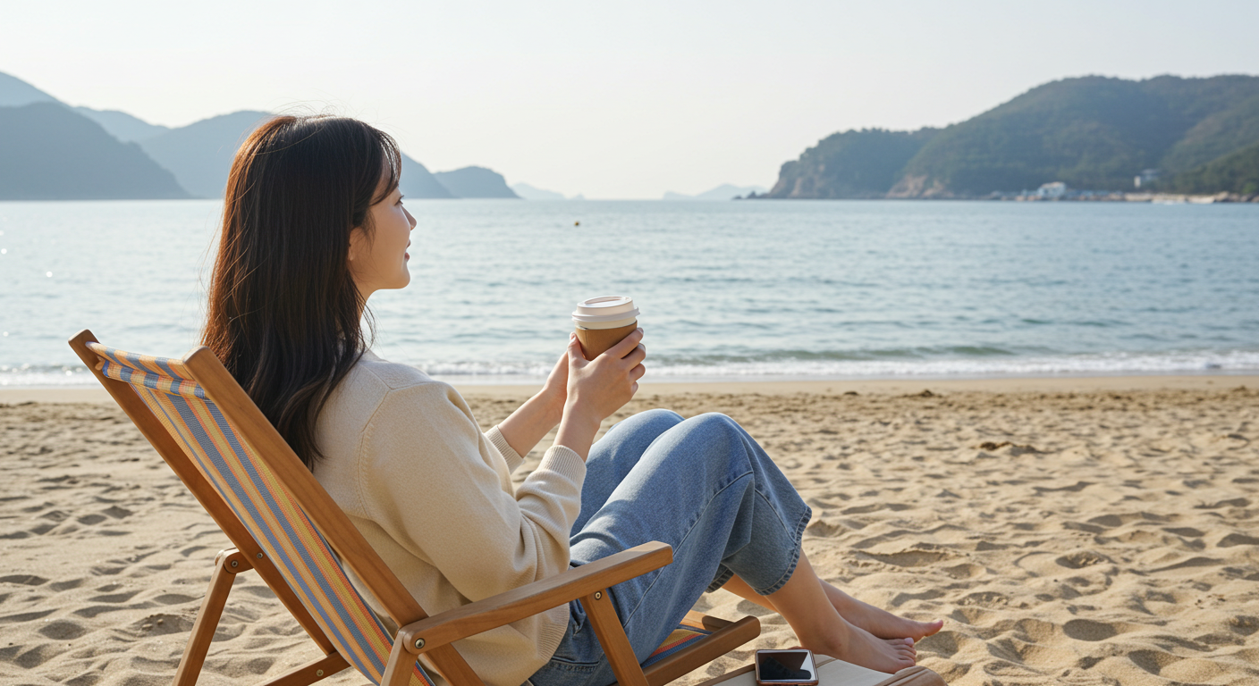 강원도 해변에서 커피를 마시며 여유롭게 휴식하는 한국인 여성.