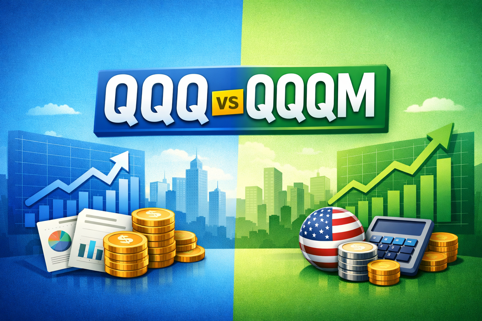 QQQ와 QQQM을 비교한 나스닥100 ETF 썸네일 이미지, 파란색과 초록색 배경 위에 상승 그래프와 코인, 계산기 아이콘이 배치된 비교형 디자인