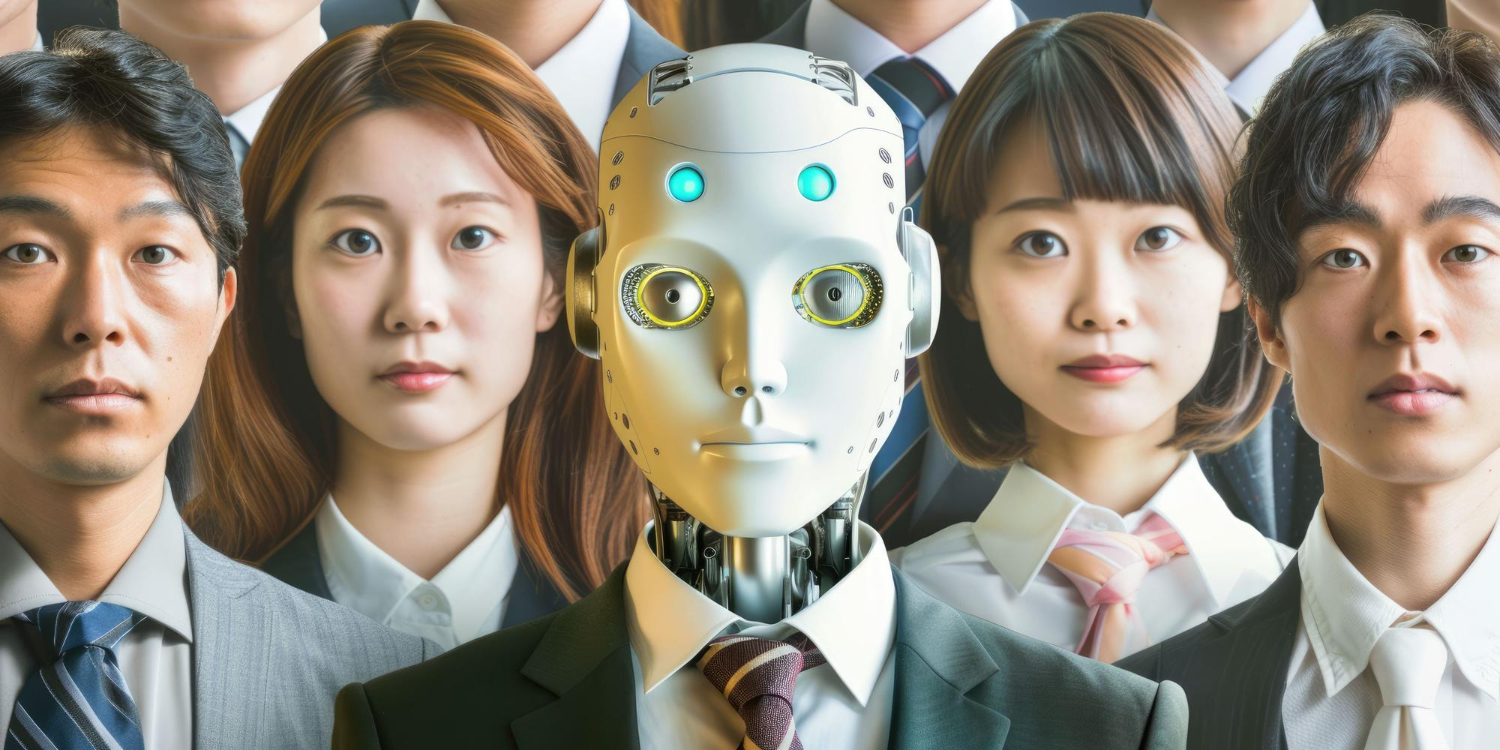 인공지능 로봇과 정장을 입은 사람들