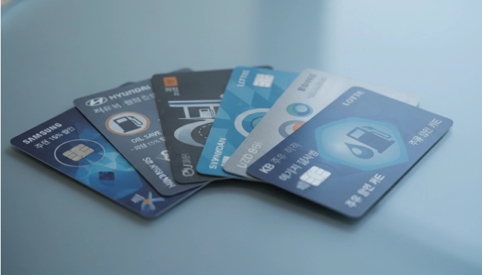 주유 할인 혜택이 강조된 여러 신용카드들이 가지런히 놓여있는 모습. 각 카드에는 주유 펌프 아이콘이 그려져 있습니다.