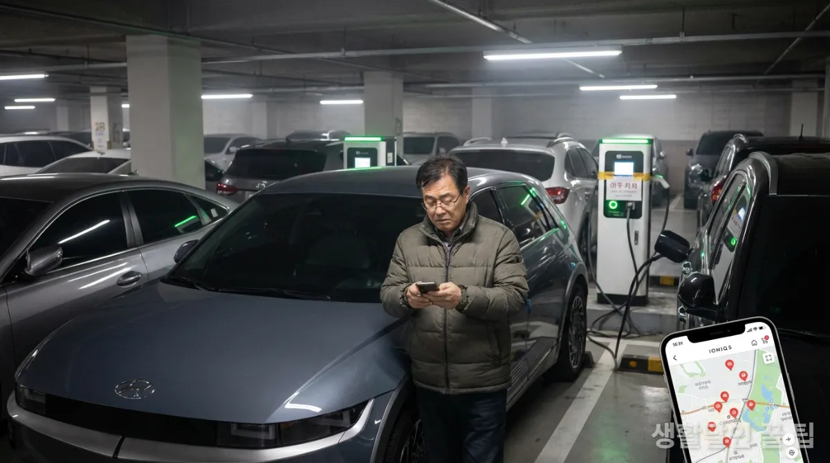 아파트 지하 주차장에서 충전소를 찾지 못해 고민하는 전기차 운전자