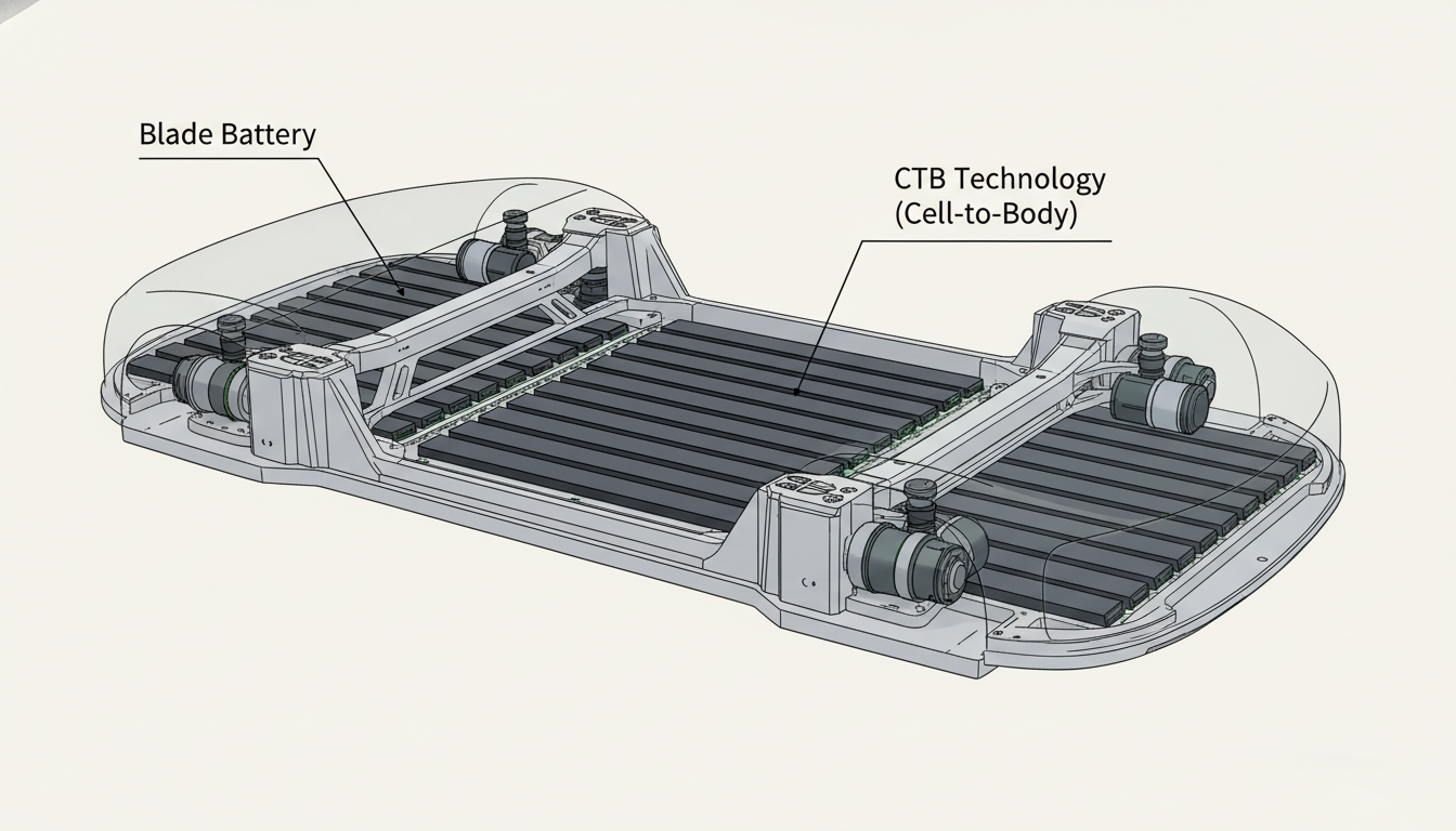 BYD 씰 08의 블레이드 배터리와 CTB(Cell-to-Body) 기술이 통합된 차체 구조의 단면도. 얇은 블레이드 형태의 배터리 셀이 차체 프레임의 일부를 이루며 공간 효율성과 안전성을 높이는 모습을 보여준다.
