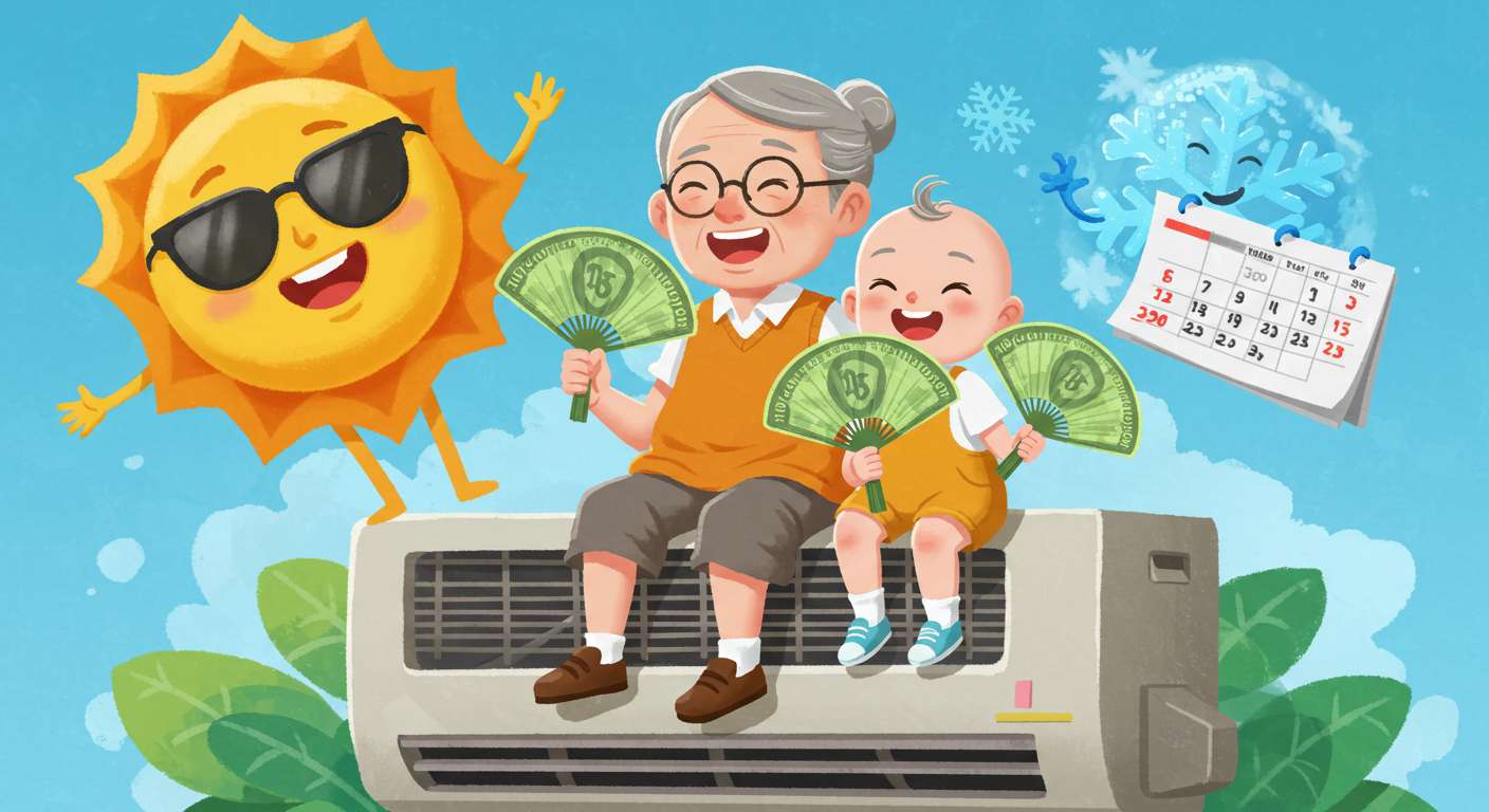 A cartoon-style elderly person and a baby sitting together on an oversized air conditioner, happily fanning themselves with money-shaped fans. In the background, a comically large summer sun wears sunglasses while a winter snowflake character peeks from behind a calendar.