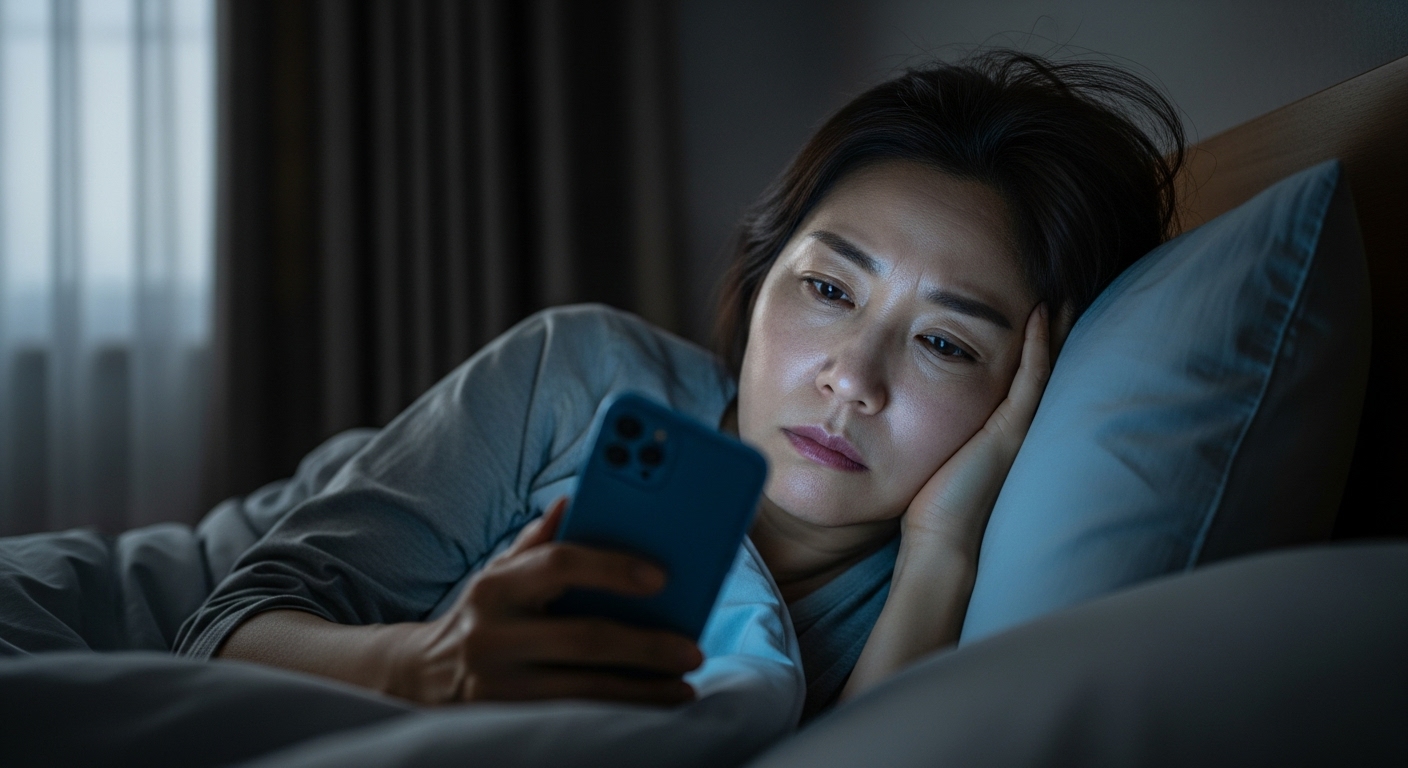 새벽에 시계를 바라보며 잠 못 이루는 중년 여성