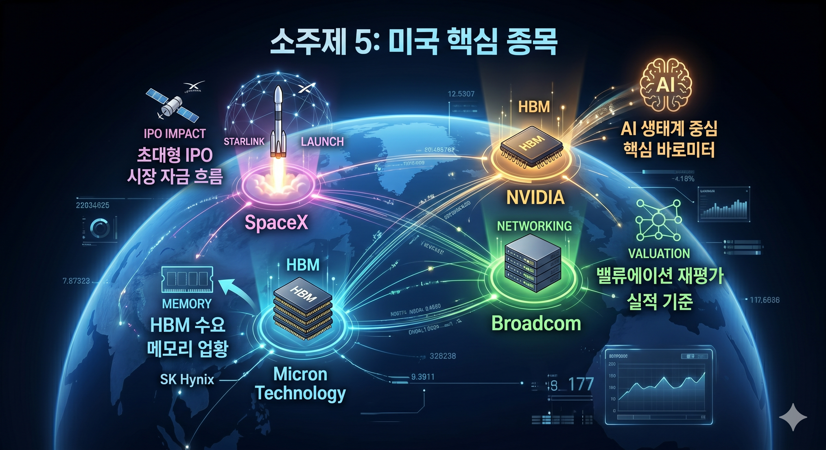 푸른 지구본 위에 빛나는 네트워크 선으로 연결된 주요 글로벌 기업들의 아이콘