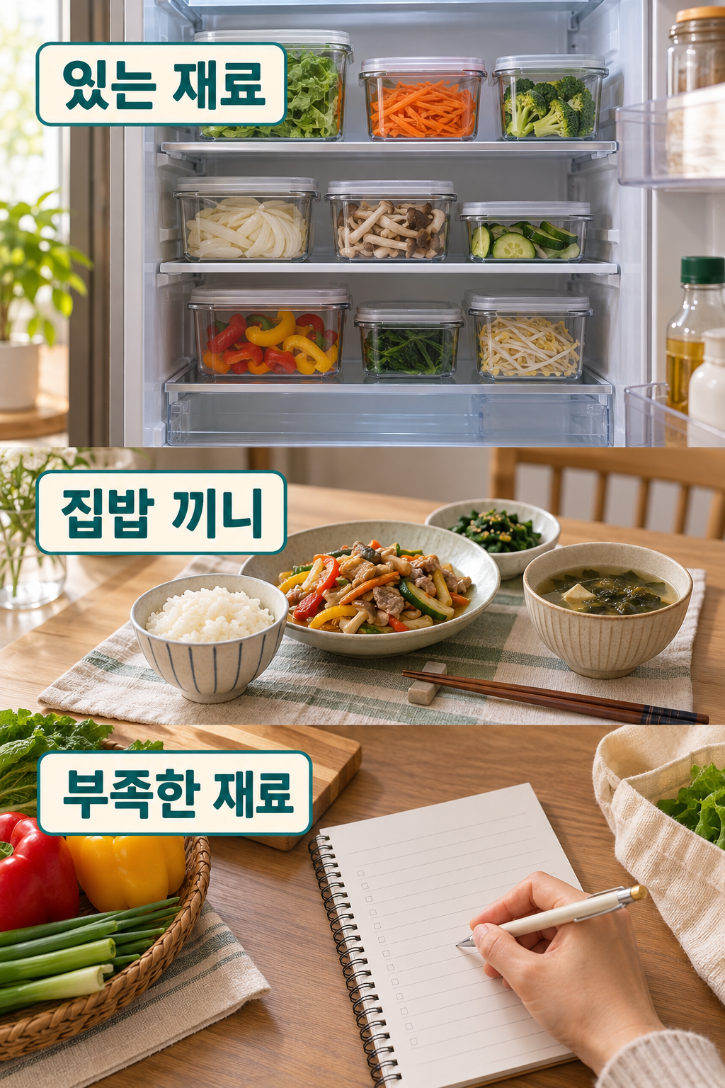 냉장고의 남은 채소를 보며 집밥 끼니와 구매목록을 적는 손